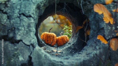 Two pumpkins in a circular hole of a stone wall with autumn colors photo