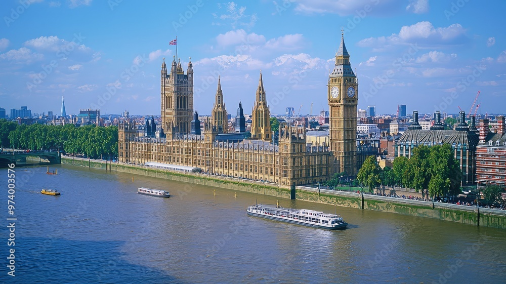 Scenic view of the iconic Houses of Parliament and Big Ben by the River Thames, showcasing London's architectural beauty. Scenic view of the iconic Houses of Parliament and Big Ben by the River Thames, showcasing London's architectural beauty.