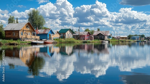 Serene lakeside view with charming wooden houses reflecting in the calm water under a bright blue sky with fluffy clouds.