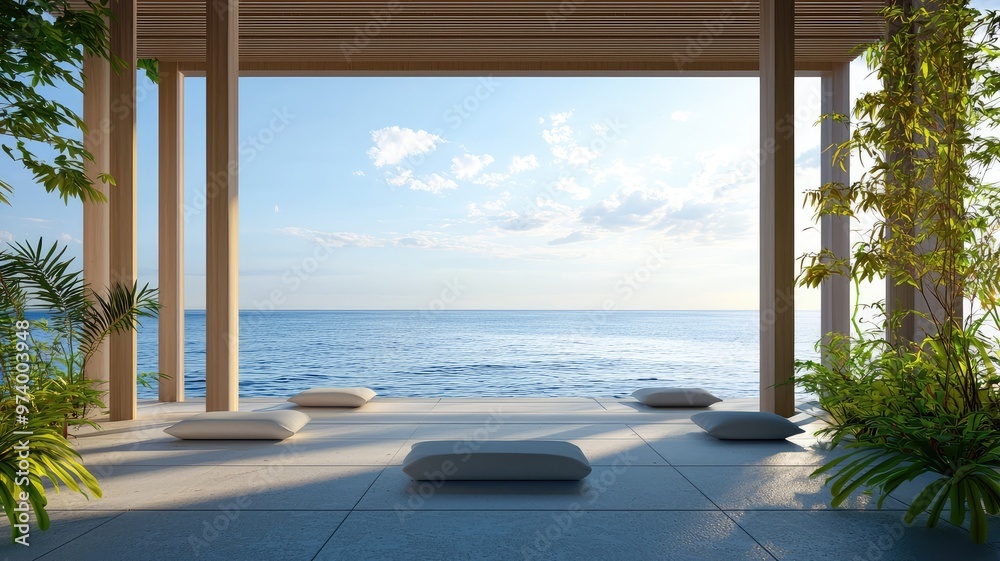 Serene ocean view from a stylish open space with natural decor, perfect for relaxation and meditation amidst tranquil surroundings. Serene ocean view from a stylish open space with natural decor, perfect for relaxation and meditation amidst tranquil surroundings.
