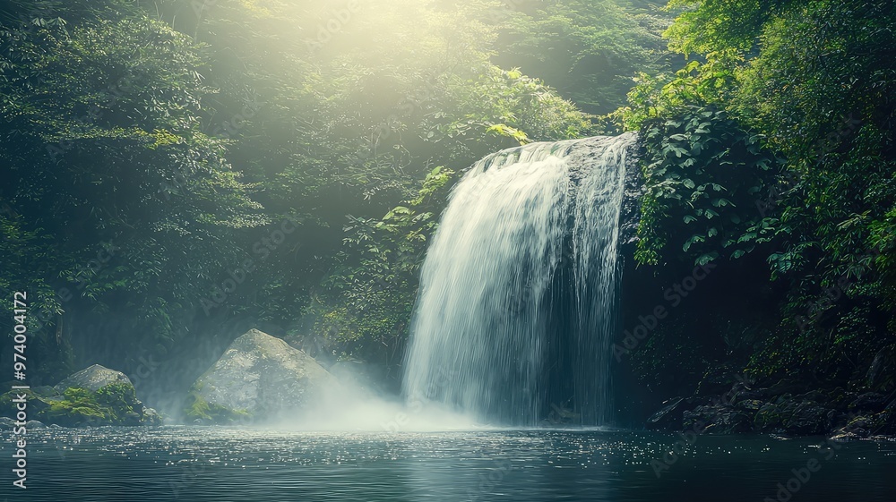 Serene waterfall cascading into a tranquil pool surrounded by lush greenery, capturing the beauty of nature's untouched landscape. Serene waterfall cascading into a tranquil pool surrounded by lush greenery, capturing the beauty of nature's untouched landscape.