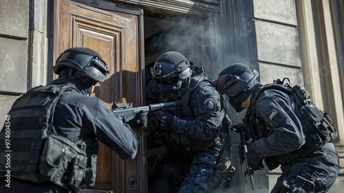 Special forces engage in tactical entry with precision gear during a high-stakes operation in an urban setting.