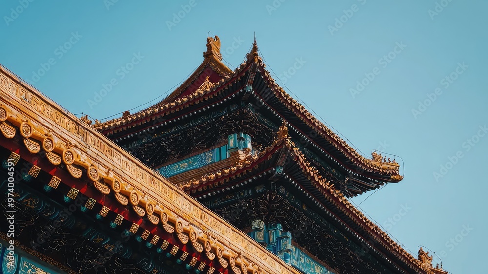 Stunning angle of a traditional Asian roof against a clear blue sky, showcasing intricate details and vibrant colors. Stunning angle of a traditional Asian roof against a clear blue sky, showcasing intricate details and vibrant colors.