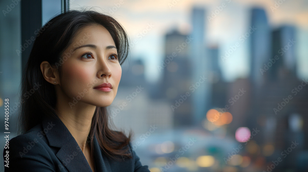 Asian woman in a business suit gazes thoughtfully out of a large window, overlooking the city skyline from her office Asian woman in a business suit gazes thoughtfully out of a large window, overlooking the city skyline from her office