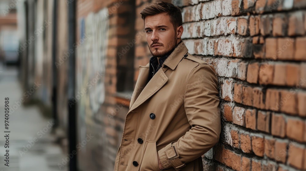 Stylish man in a beige trench coat poses confidently against a brick wall, showcasing urban fashion and modern elegance. Stylish man in a beige trench coat poses confidently against a brick wall, showcasing urban fashion and modern elegance.