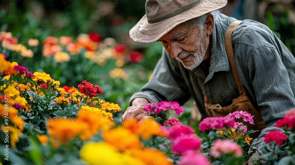 Fototapeta premium An attentive gardener nurtures a vibrant flower patch, highlighting their commitment and the splendor of the natural world.