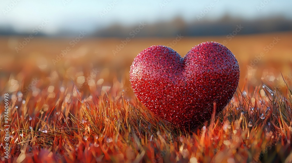 Fototapeta premium A glistening red heart shape rests on dewy grass during a tranquil morning in early autumn, capturing the essence of love and nature