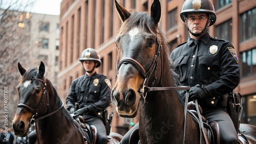 Two police officers on horseback patrol a city street, symbolizing law enforcement and community safety.