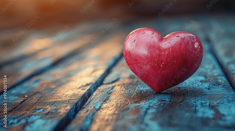 Fototapeta premium A bright red heart rests on a weathered wooden surface, capturing a moment filled with love and emotion during sunset