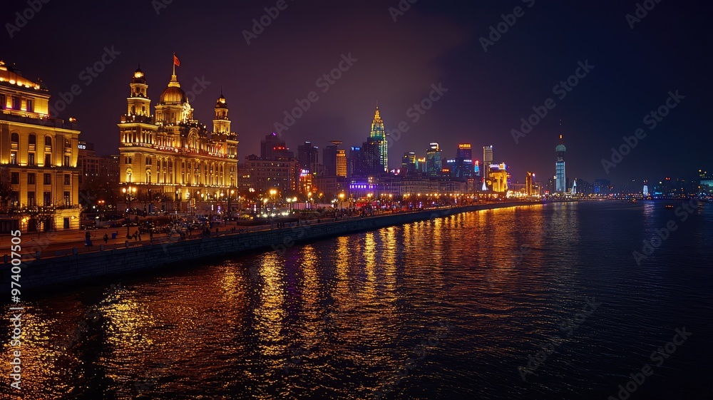 Obraz premium Vibrant city skyline at night, showcasing illuminated buildings along the waterfront, reflecting in the water for a stunning view.