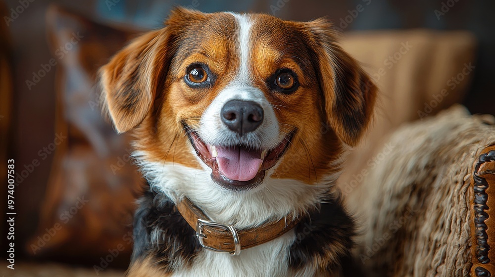Happy dog with a warm smile sitting comfortably on a cozy couch in a well-decorated living room during daylight hours Happy dog with a warm smile sitting comfortably on a cozy couch in a well-decorated living room during daylight hours