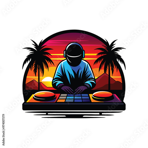 Dj with headphones and turntable in front of palm trees at sunset vector illustration