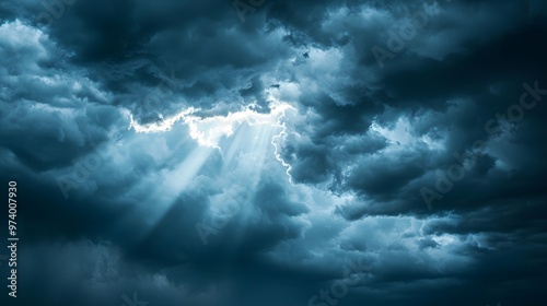 Stormy Clouds and Sunlight: Nature's Dance of Darkness and Light in a Majestic Sky Display. Nature Weather Condition Concept