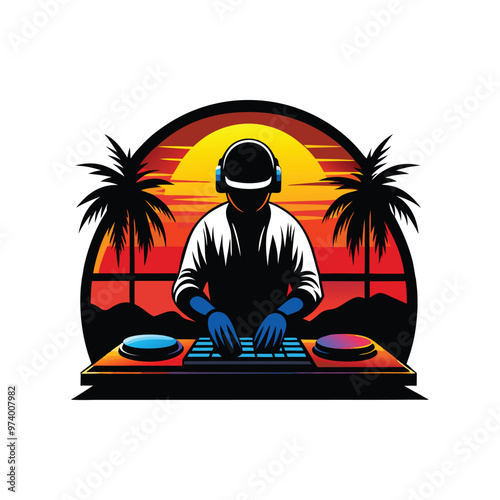 Dj with headphones and turntable in front of palm trees at sunset vector illustration