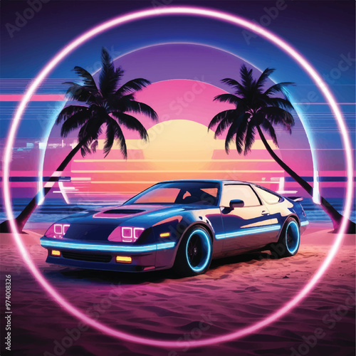 Retro wave background illustration in 80’s sci-fi style, car on a beach, 3d render, vector, illustration