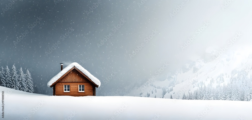 Naklejka premium A Cozy Cabin Amidst a Snowstorm, Embracing the Harshness of Winter's Frozen Landscape Aesthetic. Nature Weather Condition Concept
