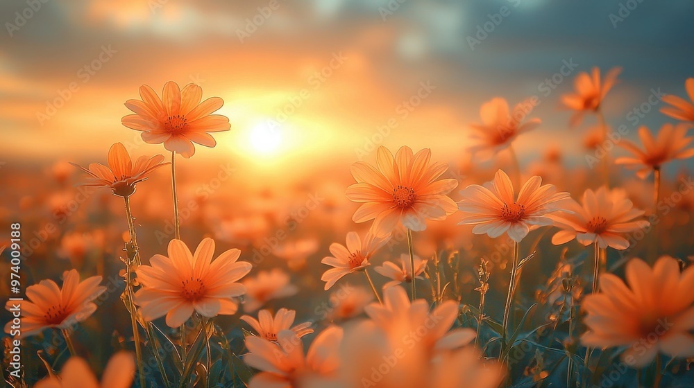 A vibrant field of daisies blooming under a warm sunset sky in the early evening A vibrant field of daisies blooming under a warm sunset sky in the early evening