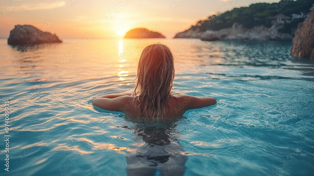 A person enjoys a tranquil sunset swim in the ocean near rocky shoreline during the evening golden hour A person enjoys a tranquil sunset swim in the ocean near rocky shoreline during the evening golden hour