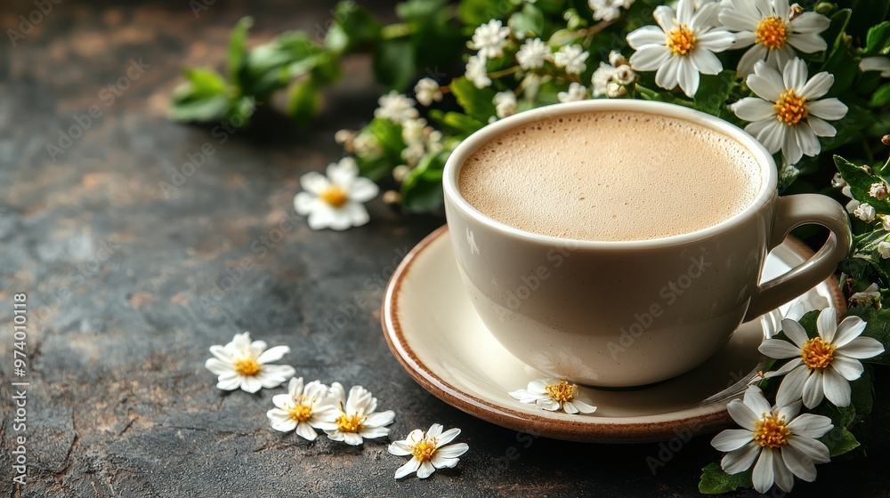 A warm cup of coffee surrounded by delicate white flowers on a rustic table, perfect for a cozy morning in nature's embrace A warm cup of coffee surrounded by delicate white flowers on a rustic table, perfect for a cozy morning in nature's embrace
