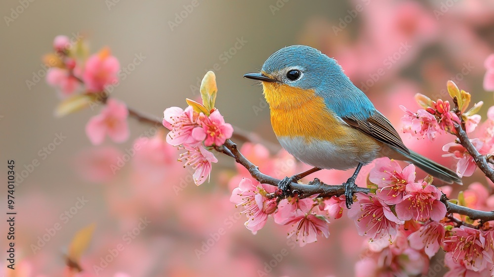 A colorful bird perched on a cherry blossom branch during springtime in a serene natural setting A colorful bird perched on a cherry blossom branch during springtime in a serene natural setting