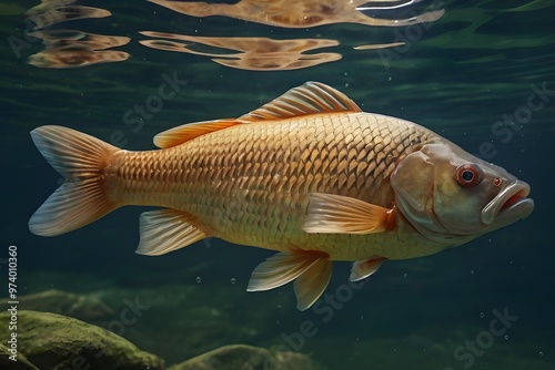 Freshwater fish carp (Cyprinus carpio) in the beautiful clean pound. Generative AI