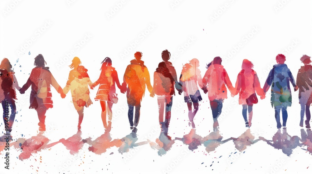 Naklejka premium A watercolor illustration of multiple people holding hands,&nbsp;walking towards the camera on a white background