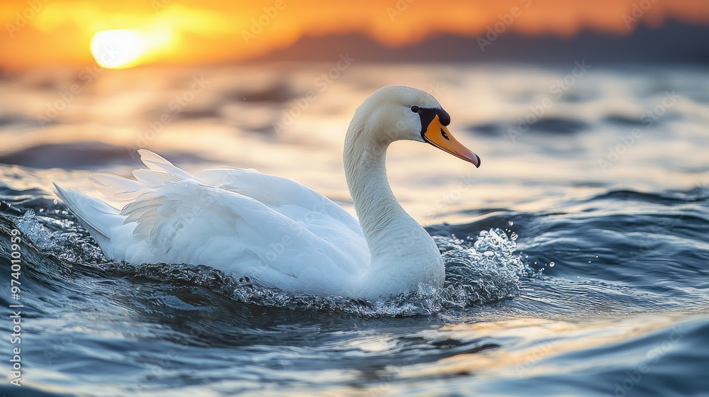 A serene swan gliding across tranquil waters during a colorful sunset by the lakeside A serene swan gliding across tranquil waters during a colorful sunset by the lakeside