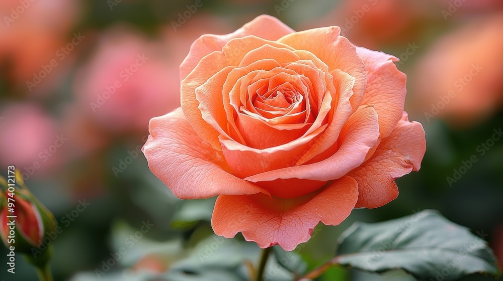 Beautiful coral rose blooming amidst a garden filled with soft pink roses on a sunny afternoon Beautiful coral rose blooming amidst a garden filled with soft pink roses on a sunny afternoon