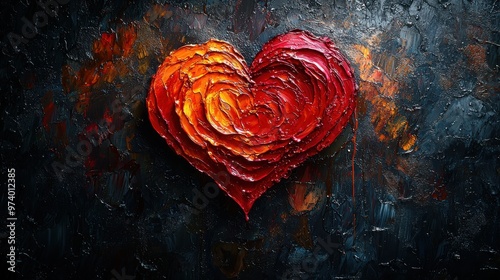 A vibrant heart created with thick paint in warm colors, symbolizing love and passion against a dark textured background