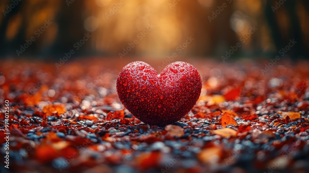 Fototapeta premium A shimmering red heart resting on a bed of vibrant autumn leaves in a soft, golden light during the fall season