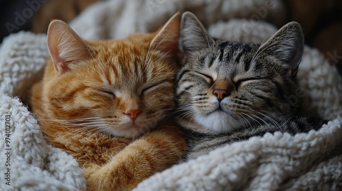 Two cuddling cats wrapped in a cozy blanket enjoying a peaceful moment in a warm indoor setting during the afternoon light