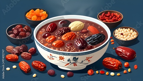 Laba Festival Porridge with Red Dates, Lotus Seeds, and Dried Fruits in a Colorful Vector Illustration photo