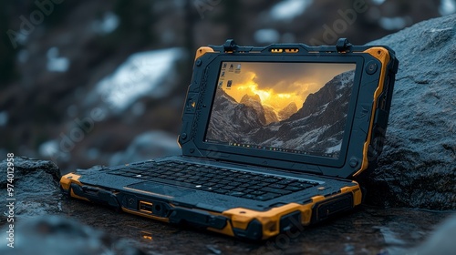 A rugged laptop positioned on a rocky surface in a mountainous landscape. photo