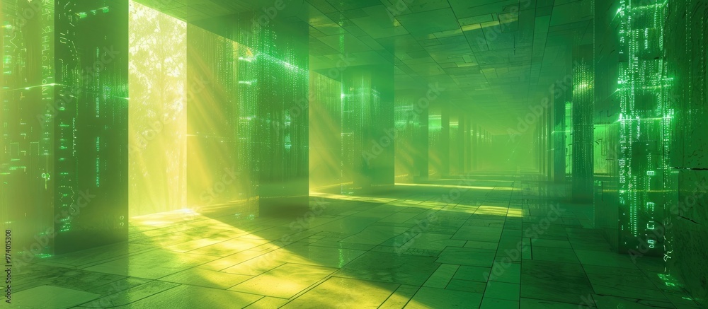 Fototapeta premium Futuristic and modern interior design of an illuminated neon green corridor with glowing lines geometric shapes and a minimalist architectural layout creating a serene technological and atmosphere