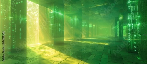 Futuristic and modern interior design of an illuminated neon green corridor with glowing lines geometric shapes and a minimalist architectural layout creating a serene technological and atmosphere