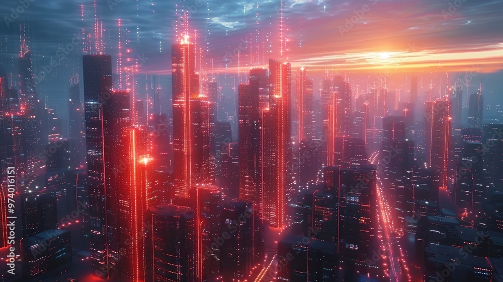Fototapeta premium Breathtaking aerial view of a futuristic high tech city skyline illuminated with glowing neon colored skyscrapers and infrastructure against a dramatic sunset or sunrise sky Modern