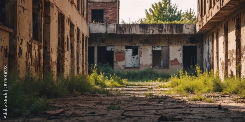 Abandoned buildings overtaken by nature in a desolate urban landscape. Abandoned buildings overtaken by nature in a desolate urban landscape.