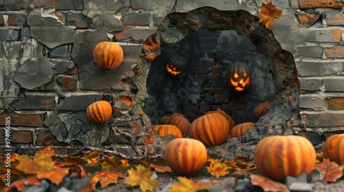 Pumpkins scattered around a crumbling brick wall with glowing jack-o'-lanterns photo