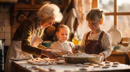 Grandmother and grandchildren baking cookies, creating lasting memories