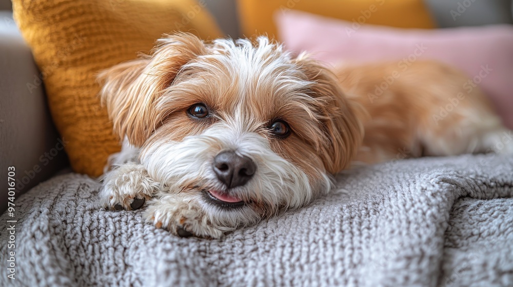 A cozy small dog lying on a soft blanket surrounded by colorful cushions in a warm living room setting A cozy small dog lying on a soft blanket surrounded by colorful cushions in a warm living room setting