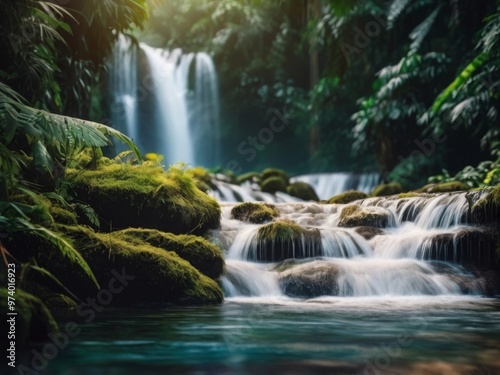 Majestic Waterfall Cascading Through Lush Jungle.