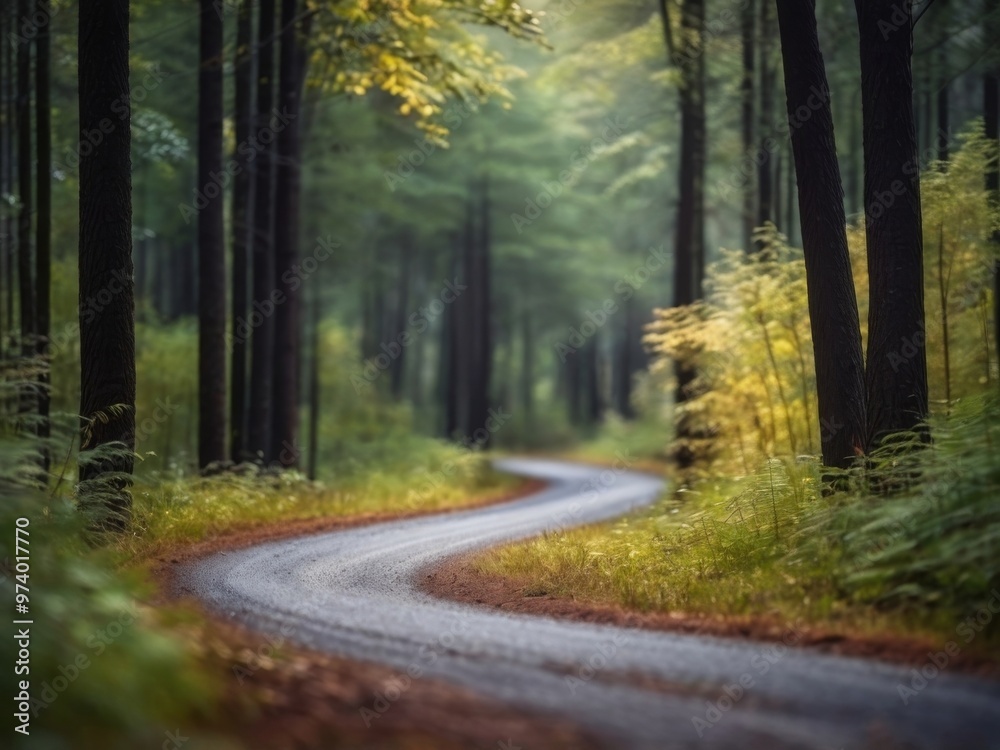 Obraz premium forest landscape curved secondary road through the forest adventure and discovery.