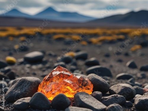 View over dangerous volcanic desert in Iceland with rocks thrown by eruptions and off road trek in summer. photo