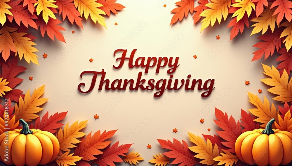 Thanksgiving autumn background in paper-cut art style with layered pumpkins and fall decor featuring elegant Happy Thanksgiving text.