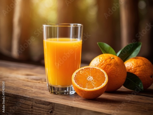 A glass of fresh orange juice sits beside whole oranges on a rustic wooden surface. photo