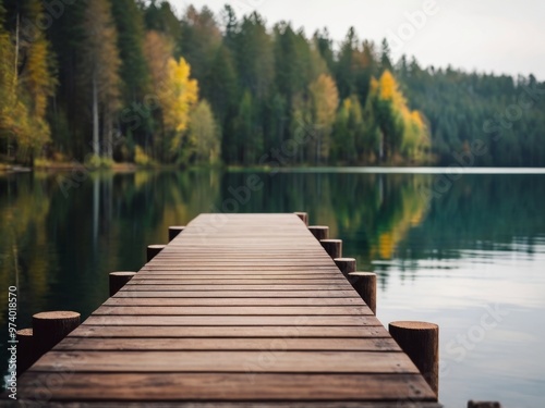 a dock sitting on top of a lake next to a forest. photo