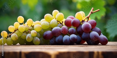 Fresh cluster of grapes on wooden plank near green foliage.
