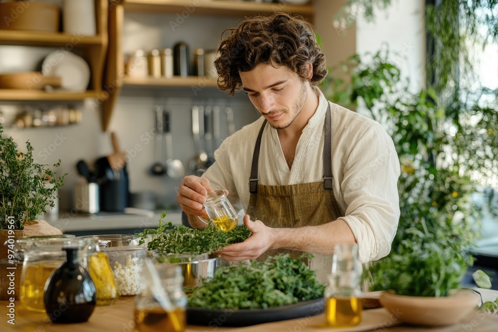A young man preparing a homeopathic remedy in a serene kitchen, carefully mixing oils and herbs surrounded by fresh organic ingredients. A young man preparing a homeopathic remedy in a serene kitchen, carefully mixing oils and herbs surrounded by fresh organic ingredients.