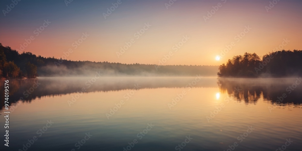 Naklejka premium Breathtaking Sunrise Over a Calm Lake with Mist Rising.