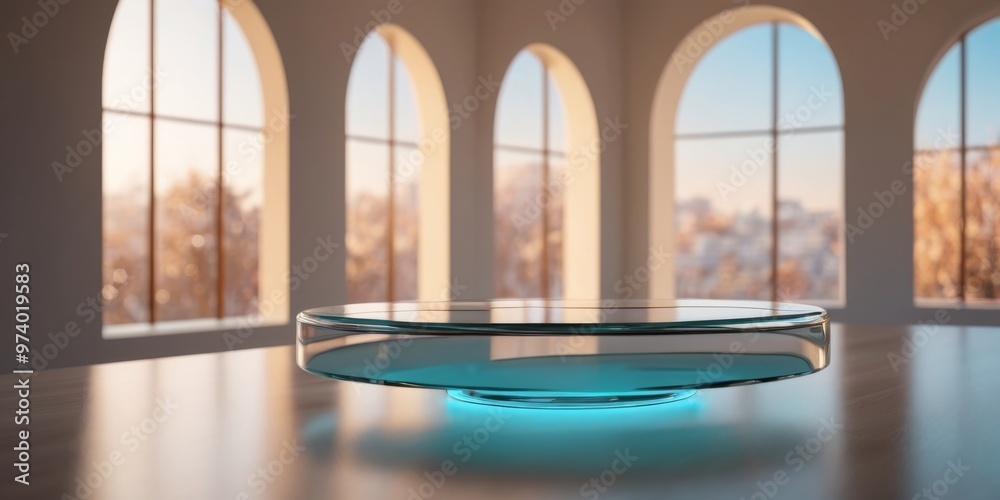 Fototapeta premium Minimalist Interior with Arches and Glass Platform.